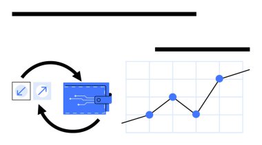 Devre desenli cüzdan, dairesel oklar ve büyüme çizelgesi finansal yönetim, teknik entegrasyon ve analitiği vurguluyor. Finans, fintech, ilerleme, veri ekonomisi yatırımı için ideal