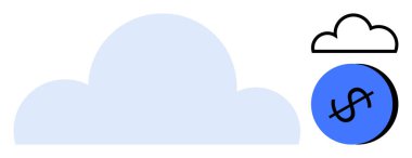 Büyük mavi bulut baskın, mavi çemberin üstünde daha küçük bulut ve siyah dolar işareti. Teknoloji, finans, bulut depolama, ekonomi, dijital tasarruflar, soyut fikirler için ideal. Vurgulamalar