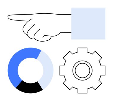 Sağ el gösterimi, segmentli pasta grafiği, ve kılavuzu sembolize eden vites, karar verme, veri analizi, işlem iyileştirmesi. Takım çalışması, strateji, yenilikçi iş akışı liderliği için ideal