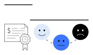 Finans belgesinin yanında saat mührü olan sertifika. Mutlu, tarafsız ve üzgün yüzler gösteren üç ifade. Duygusal durumlar için ideal, finans, sertifika, geribildirim, ilerleme
