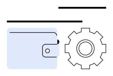Cüzdanı bir dişlinin yanında, finans, yönetim ve işletim sistemlerini sembolize ediyor. Fintech, bütçe, işlemler, teknoloji, süreç iyileştirme ekonomisi için ideal soyut çizgi düz metafor