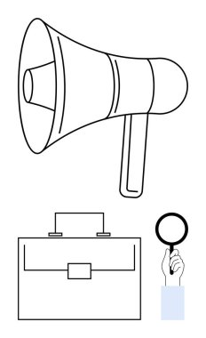 Megafon hatları, evrak çantası ve el ele tutuşan büyüteç. İş, pazarlama, takım çalışması, araştırma, strateji, iş arama ve kariyer araştırması için ideal. Soyut çizgi düz metafor