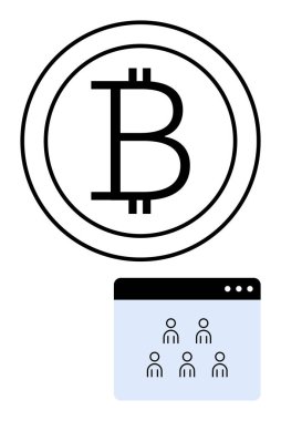 Grup kullanıcı simgelerini içeren basit bir kullanıcı arayüzü düzeninin üzerinde Bitcoin para logosu. Kripto para birimi, engelleme zinciri, çevrimiçi topluluk, fintech, ademi merkeziyetçi ağlar, teknoloji, soyut çizgi