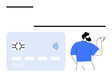 Mavi tişörtlü birinin yanında irtibatsız NFC ikonu olan mavi bir kredi kartı. Finans, bankacılık, ödemeler, e-ticaret, fintech, teknoloji ve yenilik için ideal. Soyut satır düzlüğü