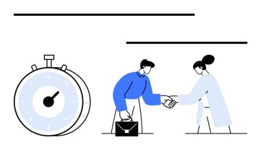 İş adamı ve ortağı kronometrenin yanında el sıkışıyor, işbirliği, zaman verimliliği ve başarıyı vurguluyor. Takım çalışması, anlaşma, üretkenlik, teslim tarihleri, strateji pazarlığı için ideal