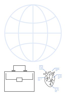 Şebeke çizgileri, evrak çantası ve çizgileri olan kalp diyagramı olan bir dünya. Küresel sağlık, tıbbi araştırma, teknoloji, iş, yenilik, liderlik ve takım çalışması temaları için idealdir. Soyut satır düzlüğü