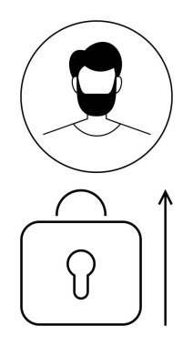 User profile silhouette inside circle above padlock symbol with upward arrow. Ideal for security, privacy, user access, protection, authentication, technology, identity. Line metaphor clipart