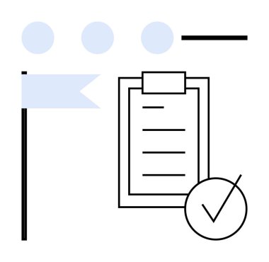 Görev listeli pano, kontrol işareti, bayrak sembolik hedefler, üç ilerleme çemberi, soyut çizgiler. Üretkenlik, görev takibi, proje yönetimi, hedef planlama organizasyonu için ideal