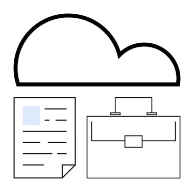 Veri depolama, iş dosyaları ve organizasyonu temsil eden bir belge ve evrak çantasının üzerinde bulut simgesi. Teknoloji, depolama, iş akışı, dijital güvenlik, iş araçları, uzak çalışma soyut hattı için ideal