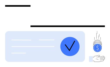 Dijital işlem, mavi bir dairede işaretli olarak tamamlandı. Bozuk paralar açık bir ele düşer. Finansal işlemler, e-ticaret, bankacılık, maaş bordrosu, çevrimiçi ödemeler, muhasebe için ideal