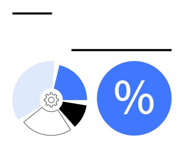 Dairesel segmentli pasta grafiği ve yüzde sembolü mavi, siyah ve beyaz. Veri görselleştirme, istatistik, performans ölçümleri, mali raporlar, iş analizleri, ilerleme izleme için ideal