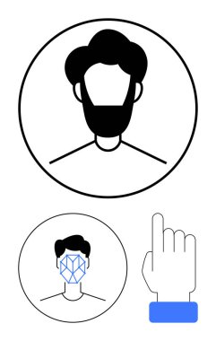 Dairesel kullanıcı avatarı, yüz tanıma sistemi örtüşmesi ve dokunma etkileşimini gösteren el simgesi. Kimlik doğrulama, kullanıcı kimlik denetimi, çevrimiçi profiller, siber güvenlik, mobil uygulamalar için ideal