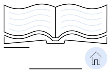 Bilgiyi sembolize eden, konfor veya çevrimiçi öğrenme için bir ev ikonu ile eşleştirilmiş, akan satırlarla dolu açık bir kitap. Eğitim, e-öğrenim, okuma, araştırma, öğrenim, okur yazarlık, soyut çizgi için ideal