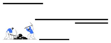 Kazmalarla taş kıran iki işçi, takım çalışması ve işçiliği vurguluyor. Madencilik, inşaat, altyapı, işbirliği, azim, işgücü, soyut düz metafor için ideal