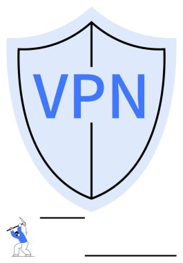 VPN metni olan büyük kalkan güvenliği vurguluyor. Bir hacker kalkanı geçmeye çalışıyor. Siber güvenlik, gizlilik, veri güvenliği, şifreleme, VPN, ağ güvenliği, soyut düz çizgi için ideal