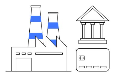 İki çizgili bacası, klasik bir banka binası ve kredi kartı olan endüstriyel bir fabrika. Finans, bankacılık, endüstri, iş, ekonomi, ticaret ve yatırım konuları için idealdir. Satır metaforu