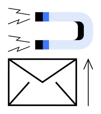 Yukarıya bakan okun olduğu mıknatıs çekici zarf e-posta pazarlamasını ve kurşun jenerasyonunu simgeler. Dijital pazarlama, müşteri ilişkileri, e-posta kampanyaları, çevrimiçi iş büyümesi, e-posta