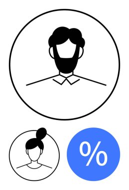 Çemberde sakallı bir adamın çizgi çizimi, daha küçük bir dairede topuzu olan bir kadın, ve mavi yüzdelik bir ikon. Finans, nüfus grafikleri, pazarlama, kullanıcı profilleri ve sosyal bilimler için ideal