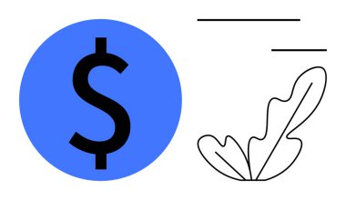 Büyük mavi daire, siyah dolar işareti, bitişik soyut yaprak ve üç çizgi. Finans, yatırım, büyüme, iş stratejisi, zenginlik, fırsat ekonomik kalkınma için idealdir. Temiz soyut