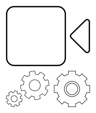 Video kaydını ve konfigürasyon kavramlarını gösteren çarkların yanındaki kamera ana hatları. Teknoloji dersleri, ayarlar arayüzü, dijital iş akışları, medya üretimi, otomasyon, tasarım süreçleri için ideal