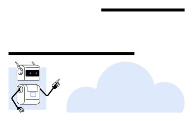 Dost canlısı robot, sağ elinde siyah yatay çizgiler ile yukarıya bakıyor. Arkaplan olarak büyük mavi bulut. Teknoloji, otomasyon, yapay zeka, robot bilimi, iletişim, fütüristik, yenilik için ideal. Satır metaforu