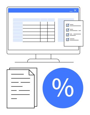 Bilgisayar monitörü bir hesap tablosu, kontrol listesi, istiflenmiş belgeler ve yüzde sembolü gösteriyor. Veri analizi, verimlilik, organizasyon, muhasebe, verimlilik evrak işleri için ideal