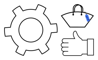 Gear icon, shopping bag with price tag, and thumbs-up hand sign. Ideal for online shopping, quality assurance, customer satisfaction, e-commerce, product design, retail marketing business clipart