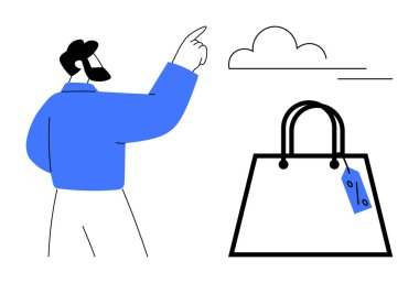 Bulut sembolünü gösteren adam, altında fiyat etiketi olan büyük bir alışveriş çantası. Çevrimiçi alışveriş, e-ticaret, bulut hizmetleri, dijital pazarlama, perakende sektörü, tüketici davranışı, satış artışı için ideal