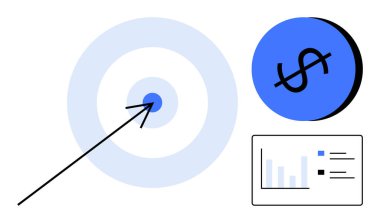 Ok hedefin merkezine isabet ediyor, mavi para, veri işaretli bar çizelgesi. İş stratejisi, mali hedefler, piyasa analizi, performans izleme, yatırım, başarı ölçümleri için ideal