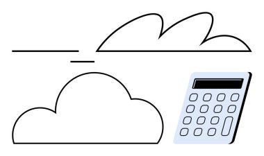 Bulutların basit şekilleri ve hesap makinesi. Bulut hesaplama, finansal planlama, iş stratejisi, bilişim hizmetleri, veri yönetimi, teknoloji çözümleri ve eğitim içeriği için ideal. Satır metaforu