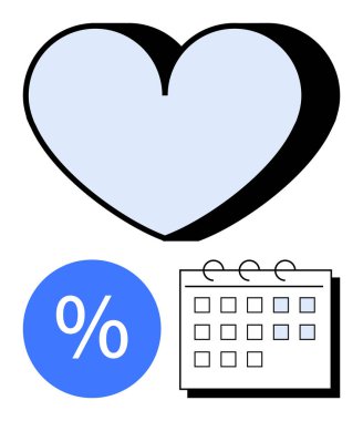 Kalp sembolü, yüzde simgesi ve takvim. Sağlık takibi, finansal planlama, tasarruf hedefleri, fitness programları, aşk yönetimi sağlık tablolarının bütçelendirilmesi için idealdir. Soyut satır düzlüğü
