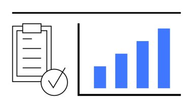 Liste ve işaretli pano yükselen mavi çubuk grafiğinin yanında. Üretkenlik, veri analizi, ilerleme izleme, iş büyümesi, proje yönetimi, hedef belirleme, soyut çizgi düz