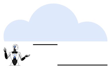 İnsansı yapay zeka robotu büyük bir bulut simgesi altında hareket ediyor. Yapay zeka, bulut depolama, ağ oluşturma, teknoloji, yenilik, otomasyon, makine öğrenme ve soyut düz çizgi metaforu için ideal