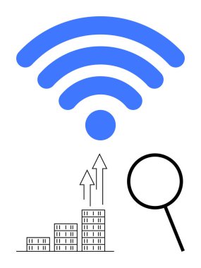 Yukarı ok ve büyüteçle bir çubuk grafiğinin üzerinde kablosuz simge. Teknoloji geliştirme, yenilik, bağlantı, iş büyümesi, araştırma, veri analizi, soyut çizgi düz metaforu için ideal