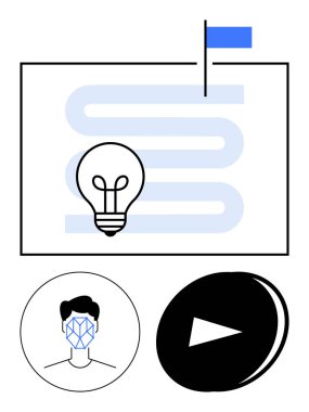 Bayrak sarma yolu üzerinde ampul, yüz tanıma simgesi ve oynat düğmesi. Yenilik için ideal, teknoloji, yaratıcılık, hedef belirleme, problem çözme, liderlik soyut çizgi düz metafor