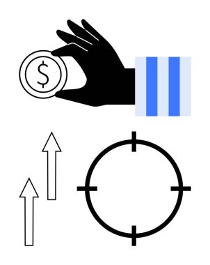 Dolar işareti ile el ele tutuşan bozuk para, hedefler ve yukarı bakan oklar. Finans, yatırım, hedef belirleme, planlama, iş büyüme piyasası eğilimleri başarı görselleştirmesi için idealdir. Çizgi