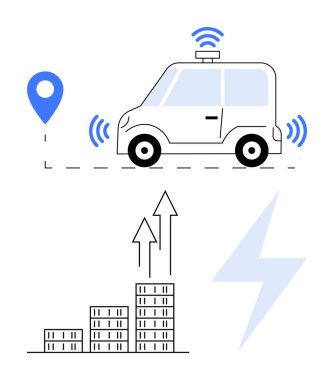 GPS pimi, kablosuz sinyalleri, yükselen büyüme grafiği ve şimşeği olan elektrikli otomatik araba. Yenilik, sürdürülebilirlik, akıllı teknoloji, hareket kabiliyeti, otomasyon enerjisi ve gelecekteki eğilimler için ideal