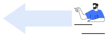 Bir insan sola büyük, açık mavi bir oku işaret eder, bu da yön, yön veya hareketi gösterir. Navigasyon, talimatlar, ilerleme, karar verme süreçleri için ideal kullanıcı arayüzü tasarımı