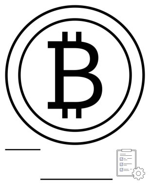 Bitcoin para simgesi, hesap defteri panosu ve teçhizatı aşağıda, kripto para birimini, blok zinciri, finans, dijital ödemeler, yenilik ve merkezi olmayan sistemleri sembolize ediyor. Fintech ve crypto için ideal