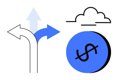Farklı yönleri gösteren üç ok, bir bulut ve mavi dairenin içinde bir dolar işareti. Karar verme, mali planlama, büyüme, tercihler, strateji ve fırsat için ideal ekonomik başarı
