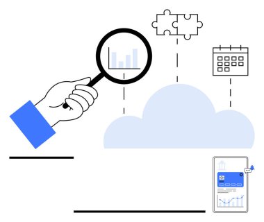 Bir bar grafiği üzerinde el ele tutuşan büyüteç bulmaca parçaları, takvim ve akıllı telefon. Veri analizi, bulut hesaplaması, iş planlaması, işbirliği, mobil