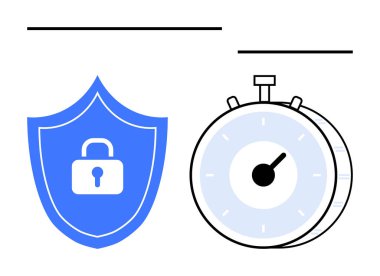 Kronometreyle eşleştirilmiş mavi kalkan güvenlik, verimlilik ve aciliyet taşıyor. Siber güvenlik, zaman yönetimi, teslim tarihleri, veri koruması, güvenilirlik, soyut iş akışları için ideal