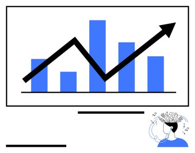 Ekranda yukarı doğru ok olan çubuk grafik büyüme ve başarıyı temsil ediyor. Gelişmekte olan çiçeklerle baş yaratıcılığı sembolize eder. İş, strateji, analitik, yenilik, büyüme ve beyin fırtınası için ideal