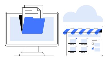 Bir bulut simgesine sahip çevrimiçi bir mağaza önü sayfasının yanında dizinleri ve belgeleri gösteren masaüstü bilgisayarı. E-ticaret, bulut hizmetleri, dijital depolama, iş örgütü, dosya yönetimi için ideal