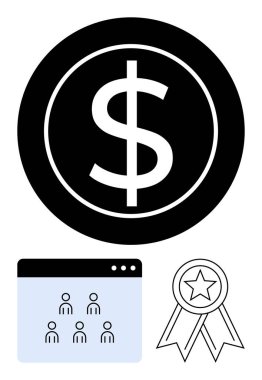 Dolar simgesi, tarayıcıda grup toplantısı, yıldız kurdelesi. Finans, takım çalışması, tanınma, ödüller, liderlik işbirliği dijital ekonomi için idealdir. Asgari soyut çizgi düz metafor