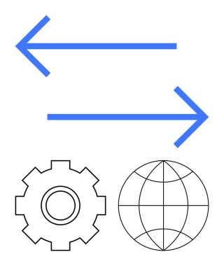 Bilgi alışverişi için sol ve sağ oklar, ayarlar için ana teçhizat ve küresel erişim için dünya. Teknoloji, lojistik, küreselleşme, veri akışı, ağlar, yazılım soyut çizgisi için ideal