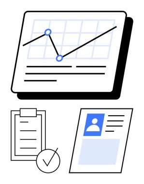 Veri noktaları olan çizgi grafiği, işaretli kontrol listesi ve kişisel profil kartı. Analiz, organizasyon, ilerleme takibi, HR, görev yönetimi, üretkenlik planlama soyut çizgisi için ideal