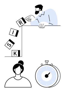 Bir adamın RISK 'i hecelemesi engelleniyor, zamanlayıcı aciliyeti simgeliyor, kadın karar vermeyi düşünüyor. Risk yönetimi, karar verme, zaman baskısı, liderlik, sorun çözme için ideal