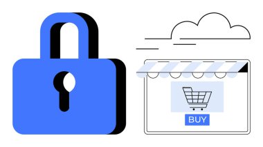Asma kilit, online alışveriş arabasının yanında bir bulutun altında çevrimiçi güvenlik anlamına gelir. E-ticaret güvenliği, siber güvenlik, çevrimiçi alışveriş, veri koruması, bulut güvenliği, İnternet gizliliği, dijital