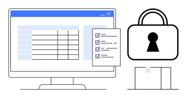 Bilgisayar ekranı, hesaplama tablosu ve kontrol listesinin yanı sıra güvenli bir asma kilit de gösteriyor. Siber güvenlik, veri koruması, bilişim güvenliği, uyum, gizlilik politikaları, güvenli işlemler için ideal, çevrimiçi